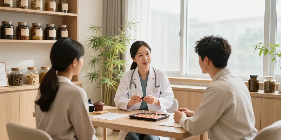 Consultation at 수원한의원 with a caring practitioner and herbal remedies visible in a calming environment.