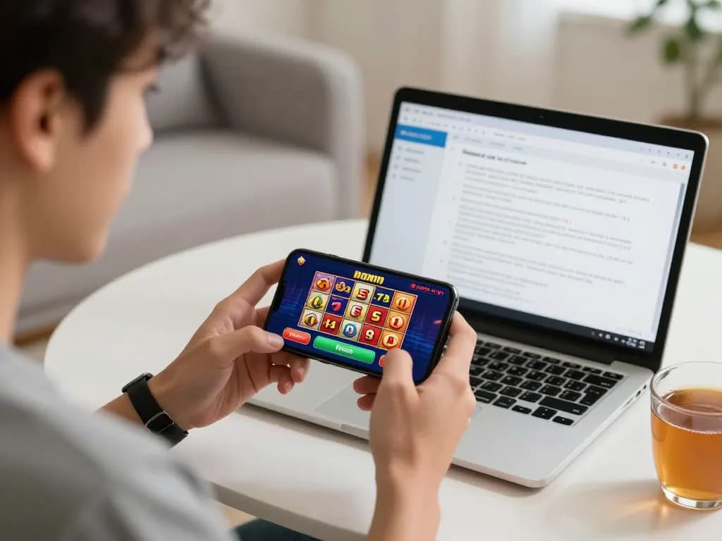 Engaging with slot bonus opportunities on a mobile casino app in a cozy home setting