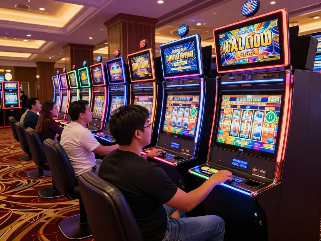Pemain menikmati permainan slot gacor di lingkungan kasino yang mendebarkan dengan mesin berwarna-warni.