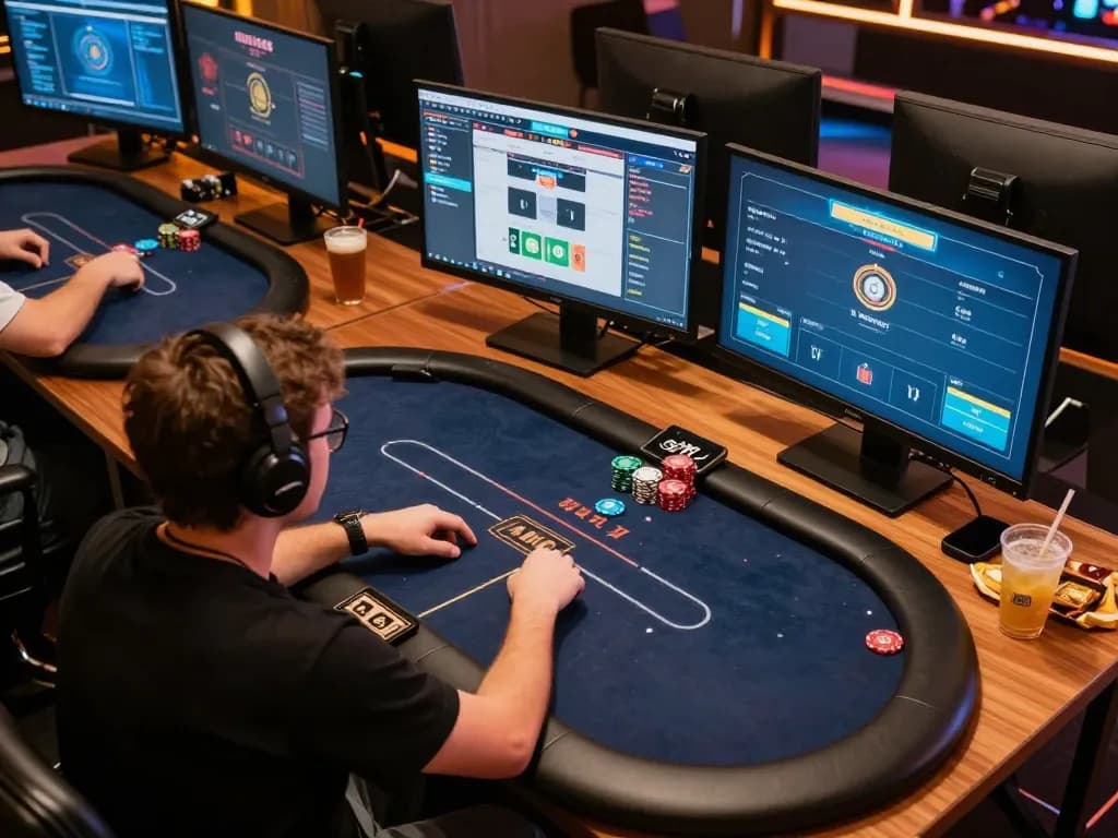 Engaging in a high-stakes online poker match with sunwinapk, showcasing strategic gameplay in a vibrant gaming setup.