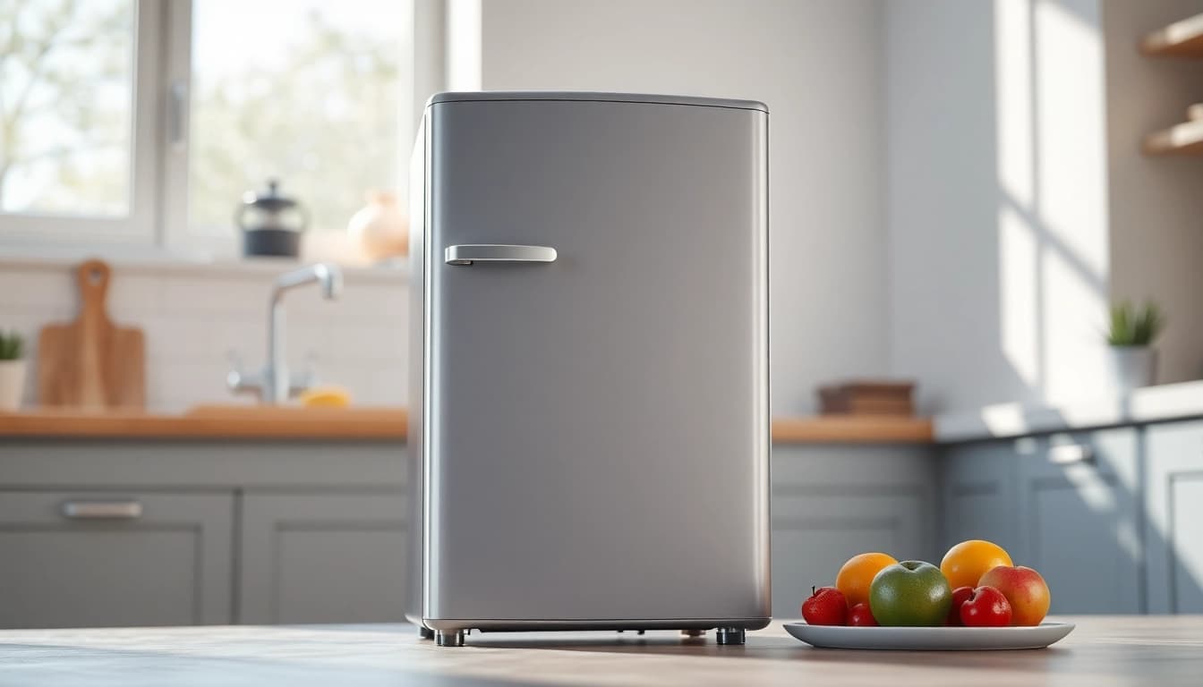 A beautiful affordable mini fridge and freezer in a modern kitchen with fresh fruits.