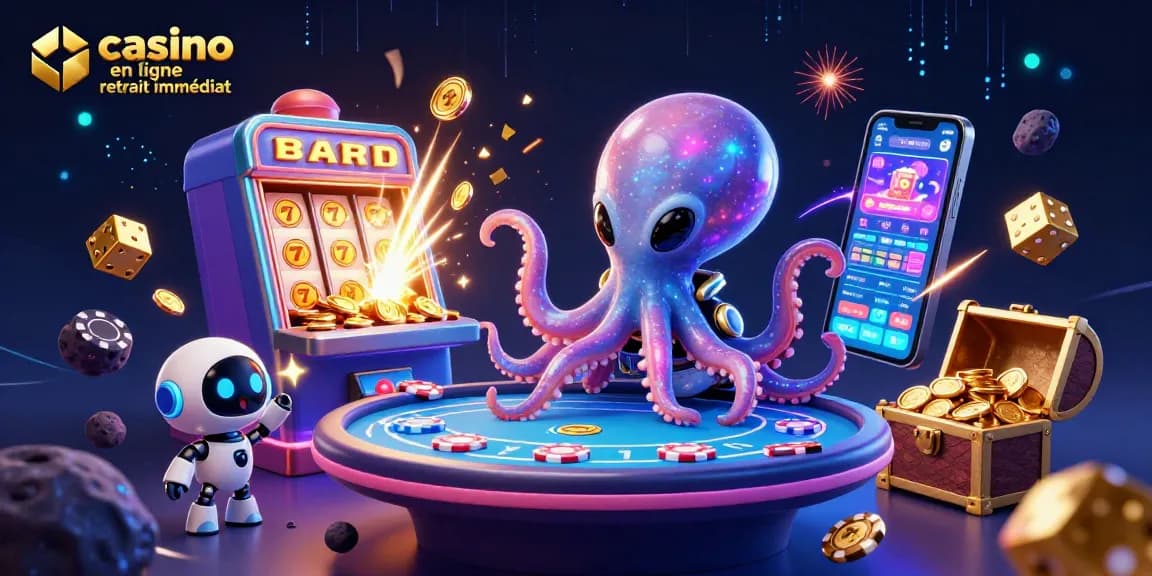 Jouer au casino en ligne retrait immédiat avec une illustration vibrante de jeu et d'énergie.