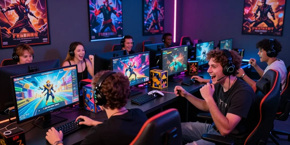 Players enjoying free porn games in a lively gaming lounge, showcasing diverse interactions and vibrant ambiance.