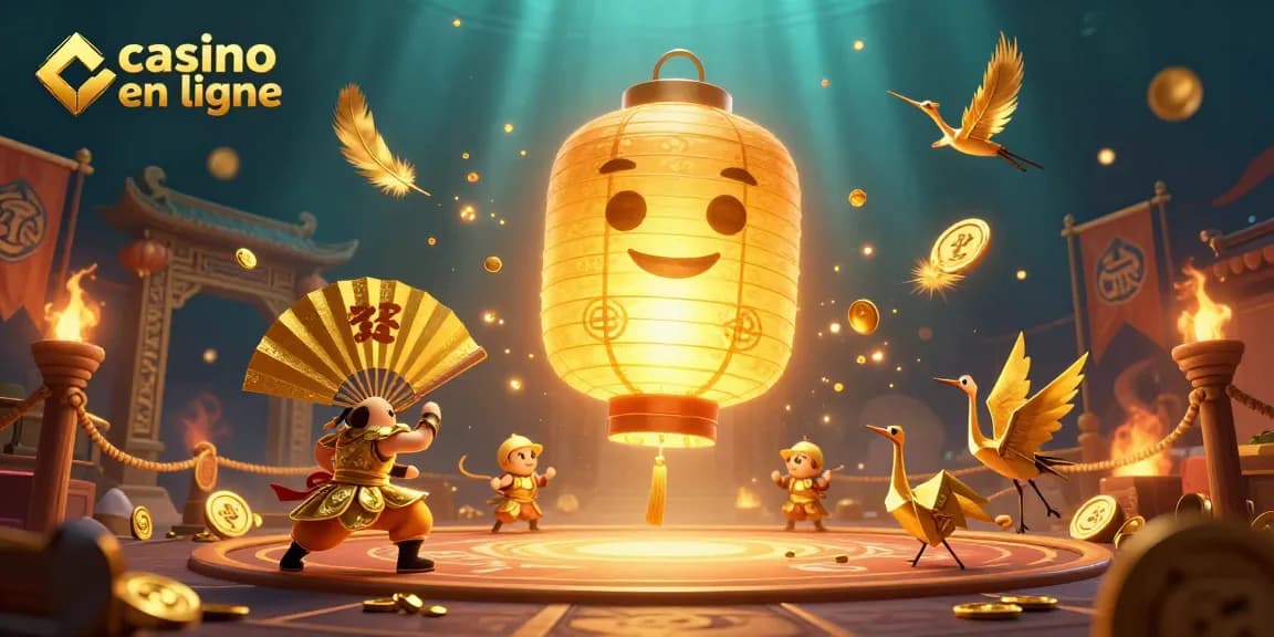 Jouez à des jeux captivants de casino en ligne avec un esprit lantern géant doré et des guerriers en éventail dans cette scène animée.