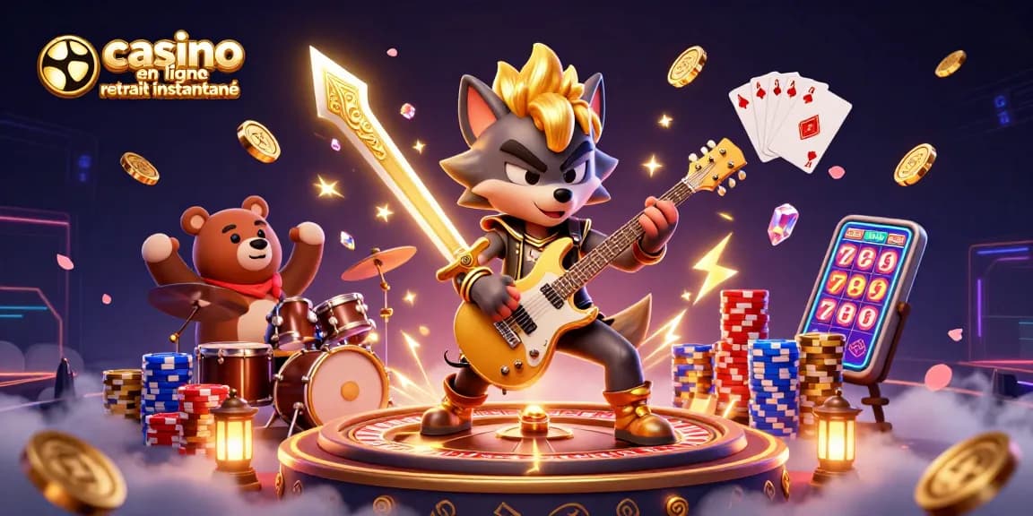 Visualisez des gains rapides avec casino en ligne retrait instantané illustré par un loup rock star et un ours batteur.