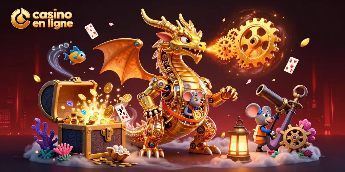 Jouer au casino en ligne avec un dragon mécanique doré, des cartes flottantes et des trésors sous-marins.