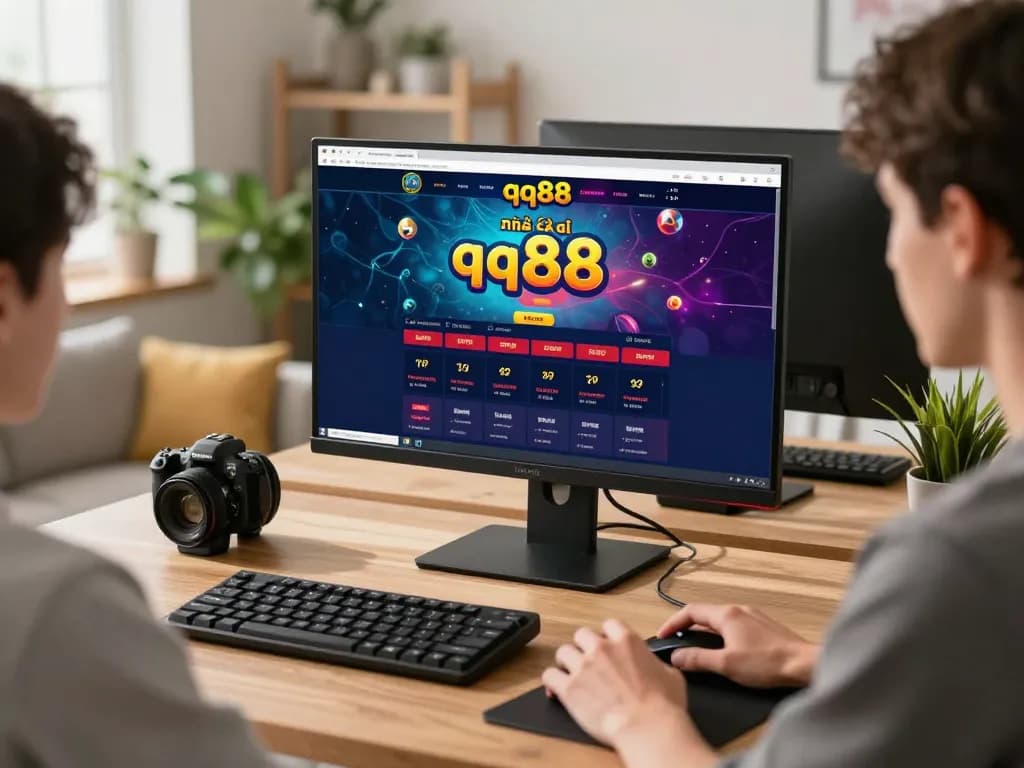 Engaged player exploring nhà cái qq88 gaming options on a computer screen, showcasing the excitement of online gambling.