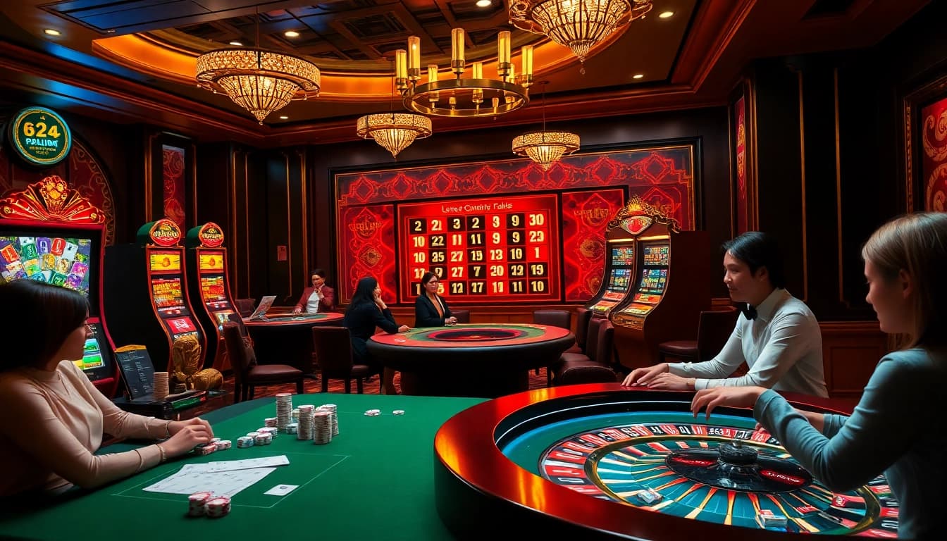 Découvrez le luxe et l'excitation dans cette scène de casino en ligne 2026 mettant en avant des joueurs profitant de jeux de table.