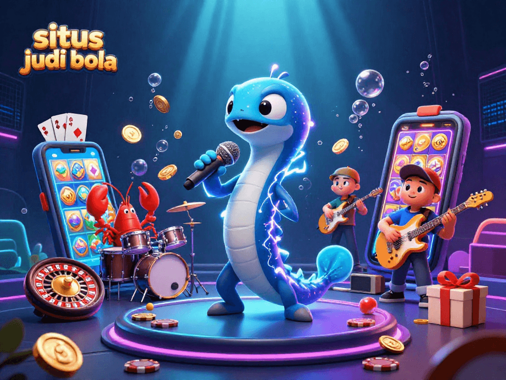 Situs judi bola: Electric eel DJ performing at an underwater casino with vibrant game elements.