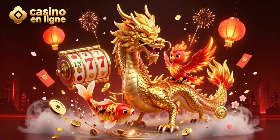 Visualisation dynamique d'un casino en ligne avec un dragon, un phénix et des poissons porte-bonheur le tout entouré d'éléments de jeux.