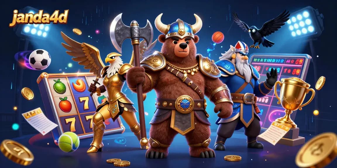 Genggam keberuntungan dengan permainan JANDA4D yang menggembirakan, dipenuhi simbol slot dan trofi emas!