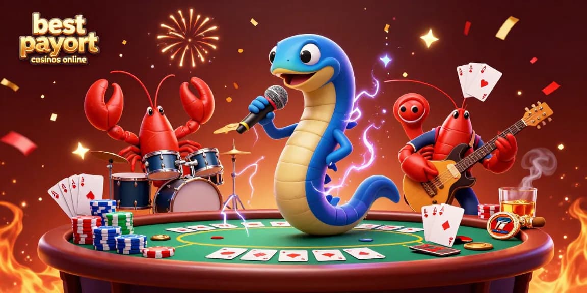 A lively underwater scene showcasing best payout casinos online with a DJ eel, lobster drummer, and seahorse guitarist surrounded by poker elements.