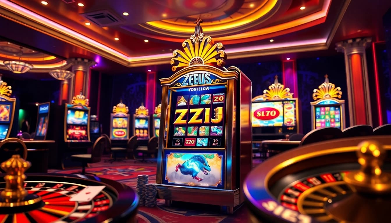 Pemain menikmati permainan Slot Zeus di kasino yang hidup dengan lampu berwarna-warni.
