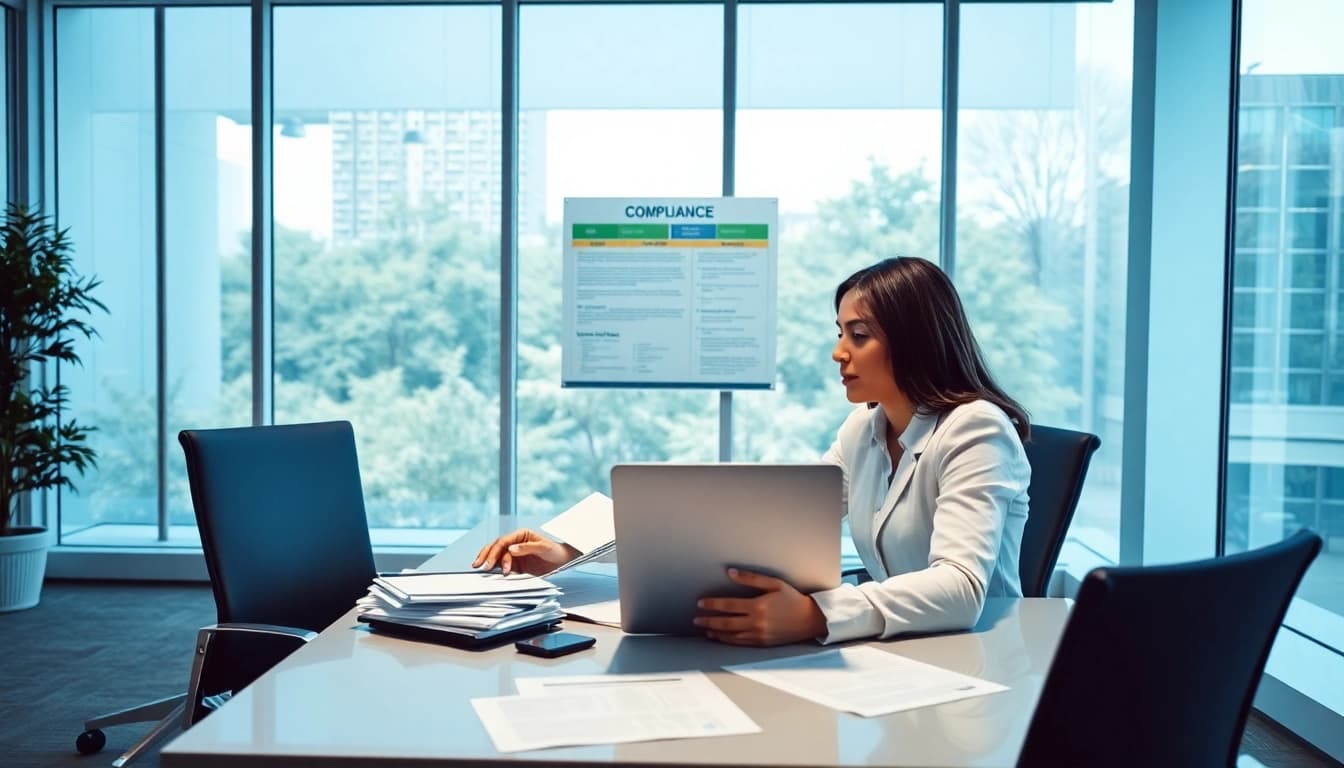Consultant analyzing pre and post award compliance. documents in a modern office environment.