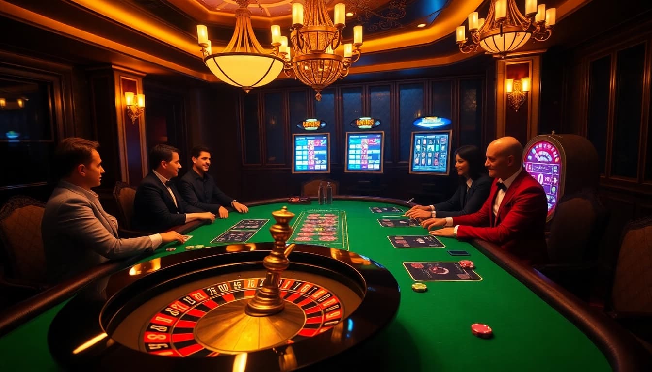 Players enjoying a high-stakes card game at a luxury casino table inspired by https://hello88k.blog.