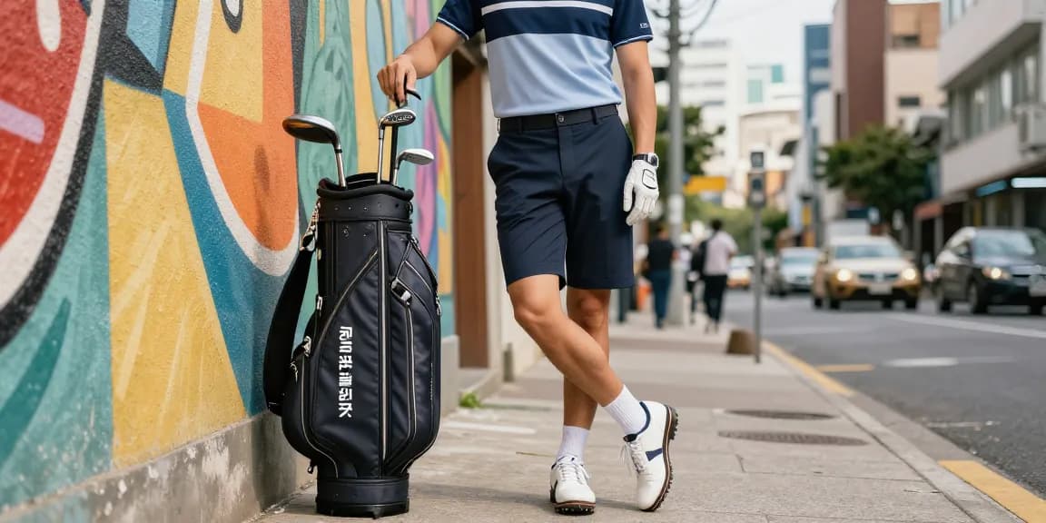 Stylish individual in 골프웨어 레플리카 poses confidently in urban setting, showcasing modern golf culture.