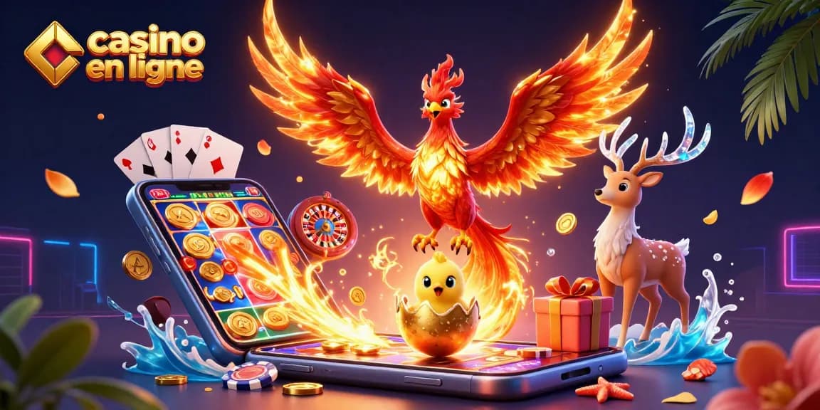 Découvrez l'univers passionnant des casinos en ligne avec un phénix en feu et des éléments de jeu en 3D.