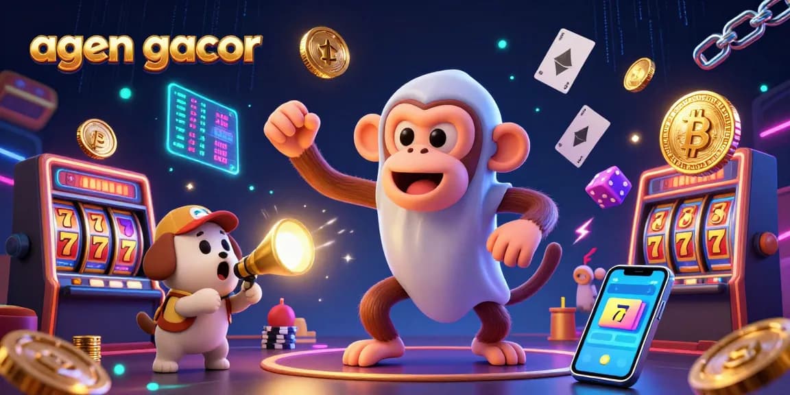 Engage with the agen gacor platform; a playful monkey juggles casino tokens in a vibrant illustrated scene.