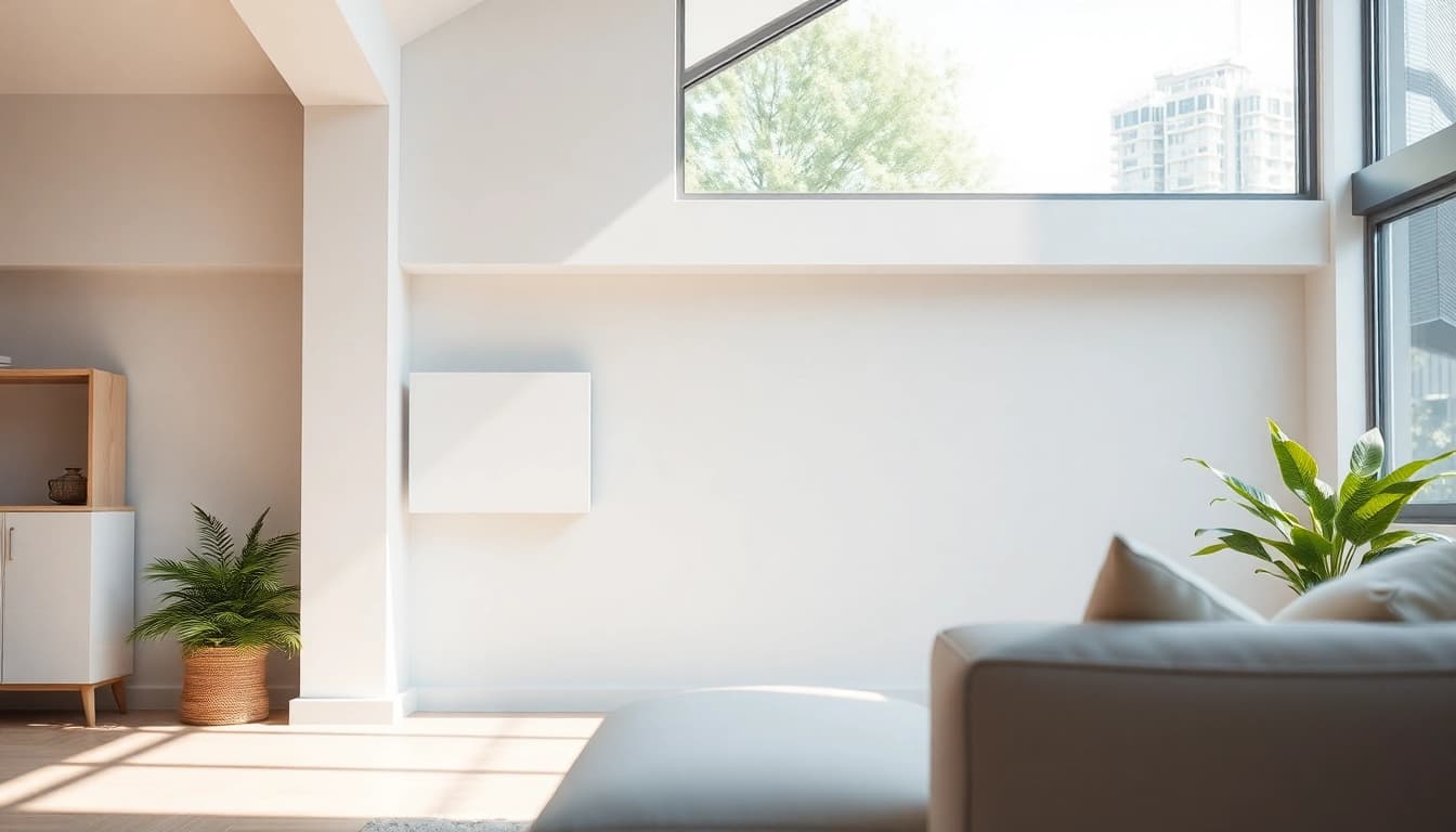 Heizkörper in einem modernen Wohnzimmer mit natürlichem Licht und minimalistischer Einrichtung.