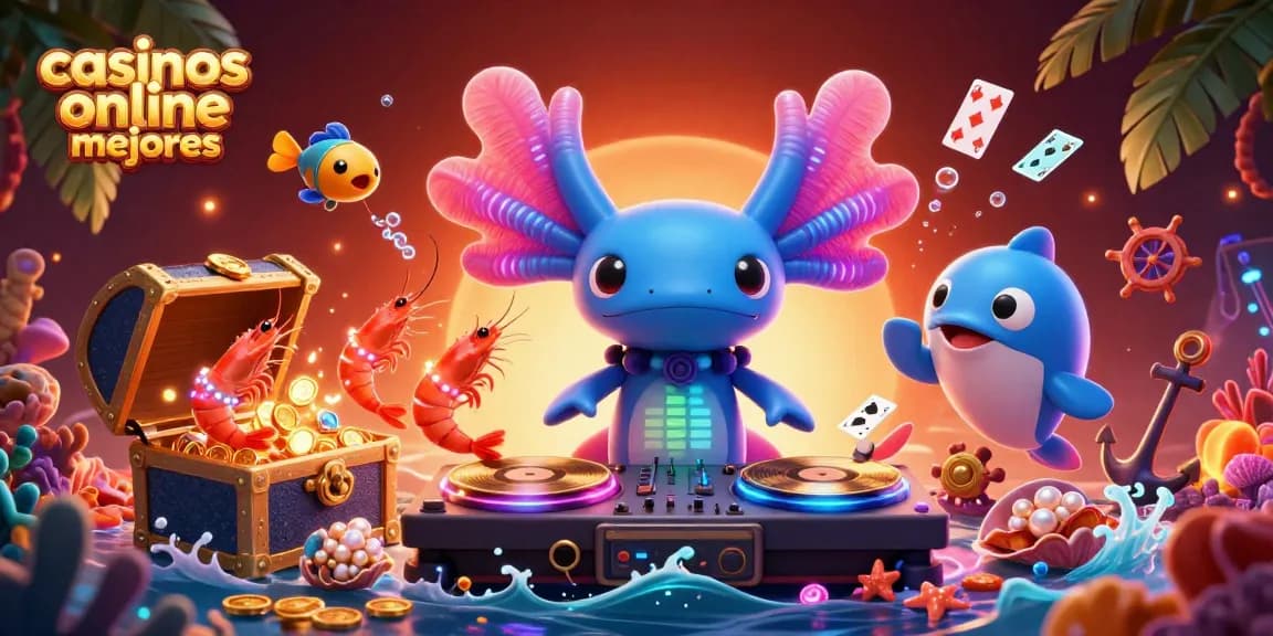 Presentación de los casinos online mejores con un DJ axolote en un entorno vibrante y dinámico.