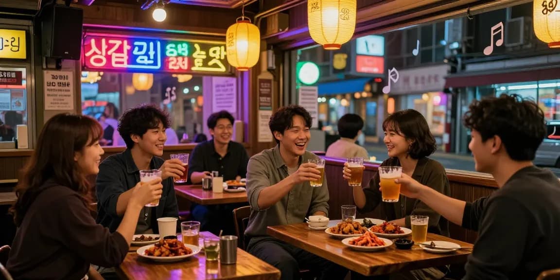Experience vibrant nightlife at 상봉동 한국관나이트 with friends enjoying Korean dishes and drinks.