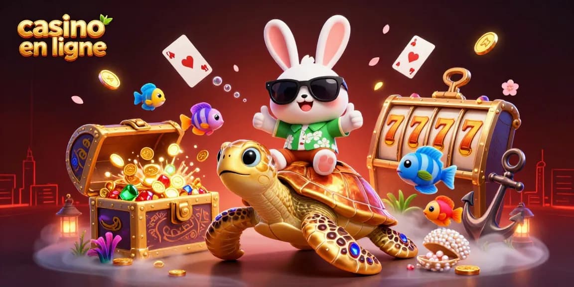 Une scène dynamique avec un lapin chanceux et une tortue géante, affichant des symboles de casino en ligne.