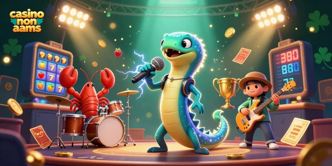 Gioca nei migliori casino non AAMS con un'illustrazione vivace di un'anguilla DJ e amici.