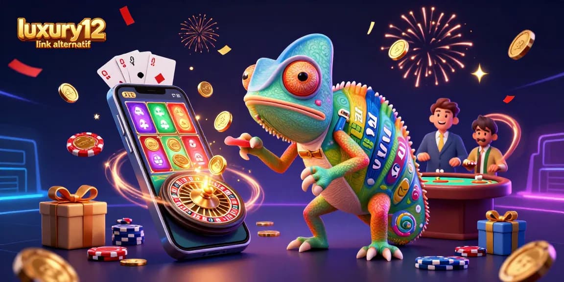 Experience thrilling gameplay with luxury12 link alternatif in this vibrant casino scene featuring an animated chameleon owner.