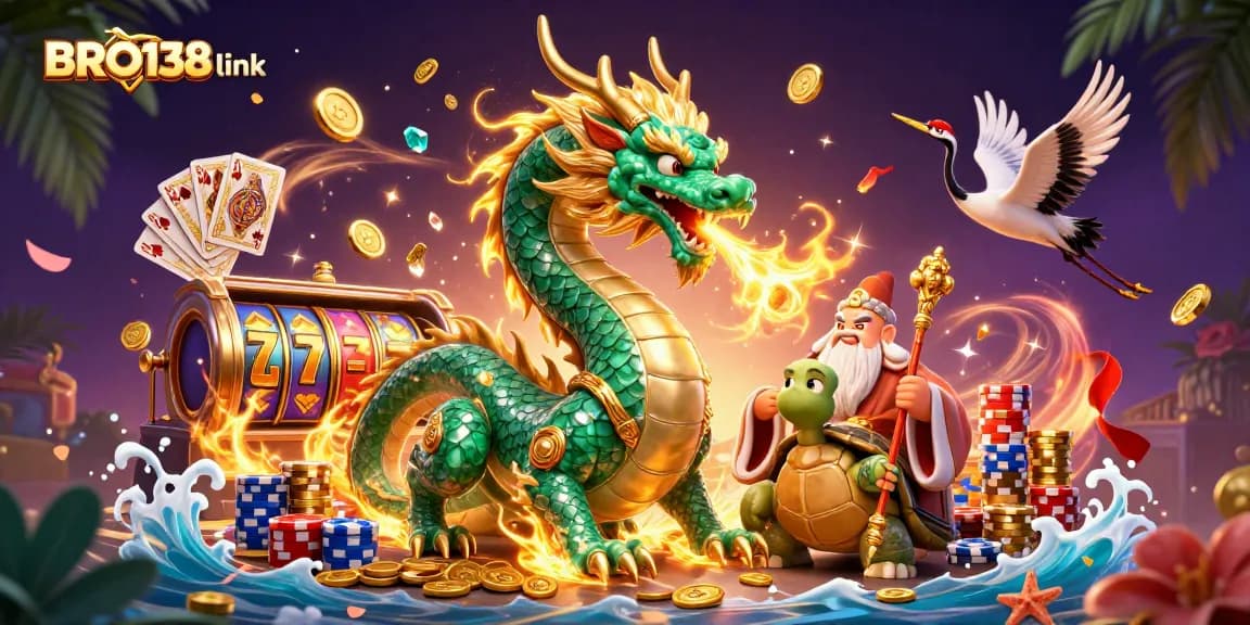 Experience the thrill of gaming with BRO138 link, featuring a jade dragon and slot elements in a vibrant 3D illustration.