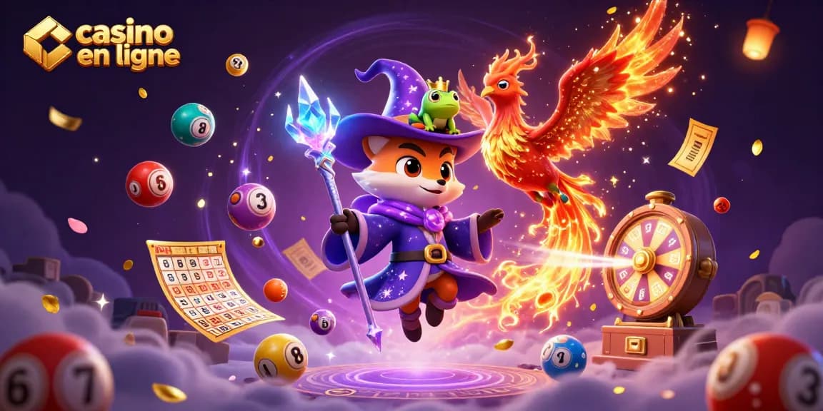 Illustration dynamique de magie et de chance pour casino en ligne avec un renard et un phénix.