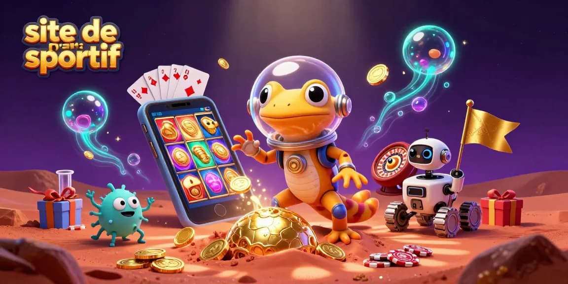 Pariez sur le site de paris sportif avec une illustration captivante d'un gecko martien et un robot