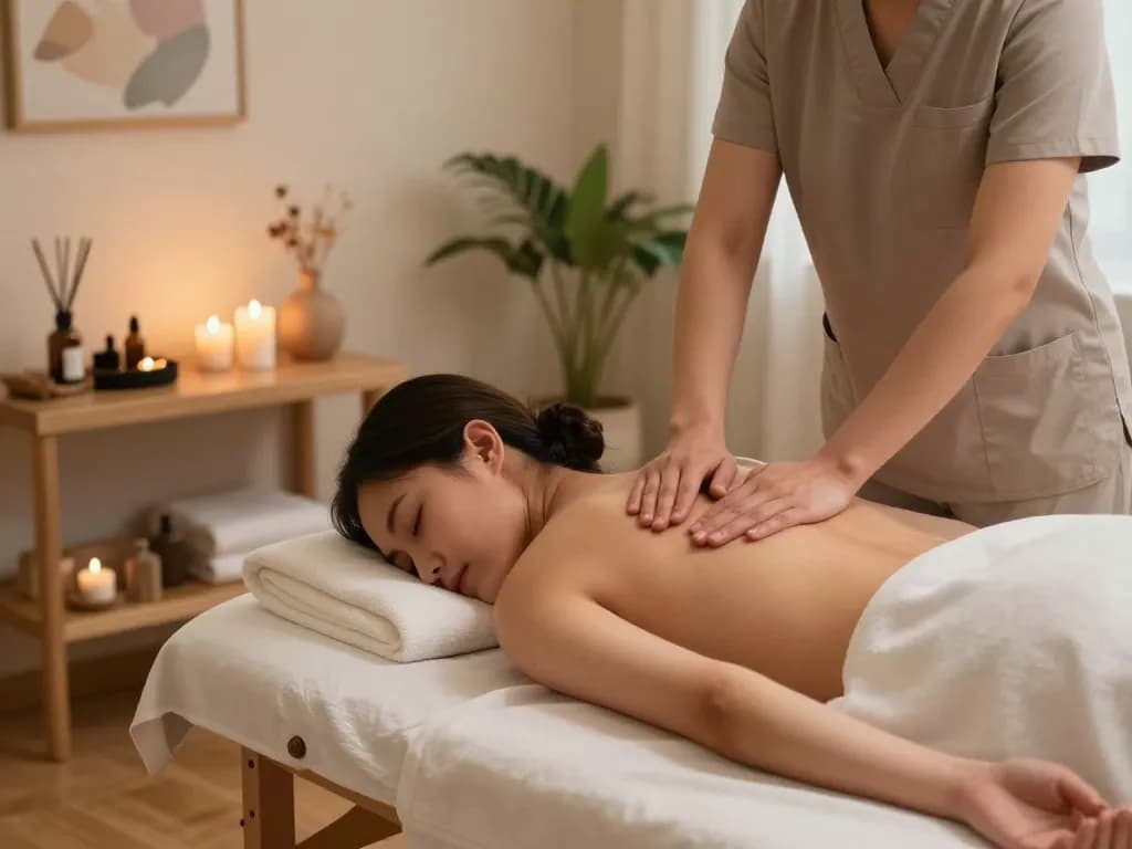 Client receiving a 스웨디시 massage in a tranquil wellness spa, promoting relaxation and well-being.