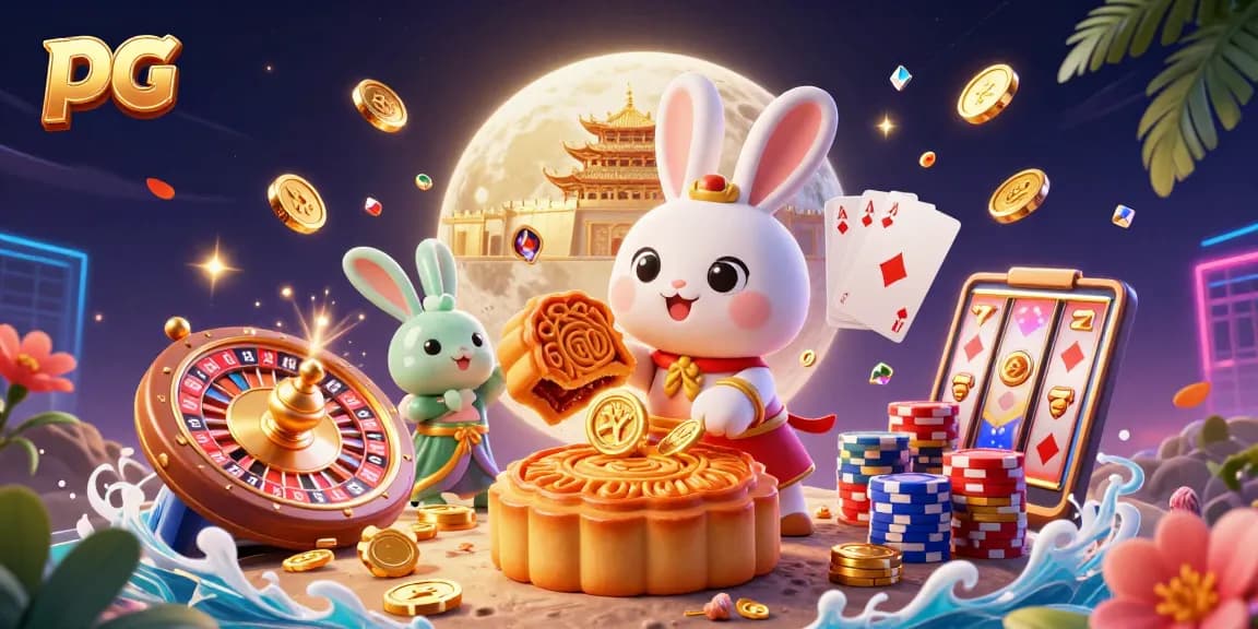 Engaging pg casino moment with a moon rabbit revealing poker chips, vibrant slot elements, and festive treasures.