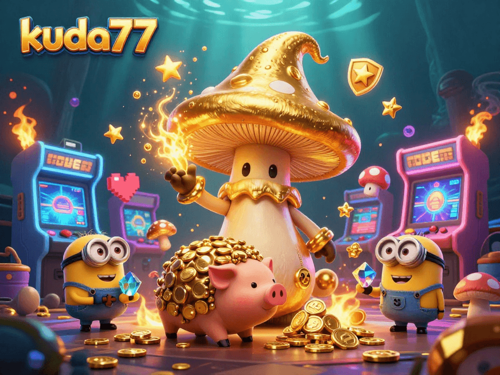 Mengaktifkan peluang menang di kuda77 dengan simbol slot dan karakter ajaib dalam ilustrasi 3D fantastis.