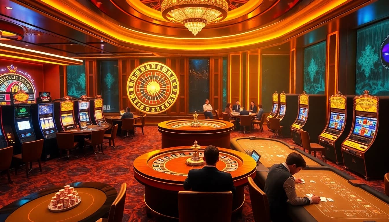 Participez à l'excitation du casino en ligne 2026 avec une scène de jeux d'argent en ligne dynamique comprenant le poker, les machines à sous et la roulette.