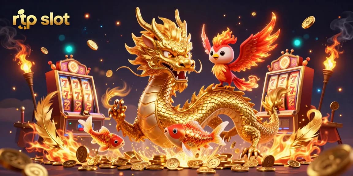 Win big with rtp slot featuring a golden dragon, phoenix, and koi fish in a vibrant casino scene.