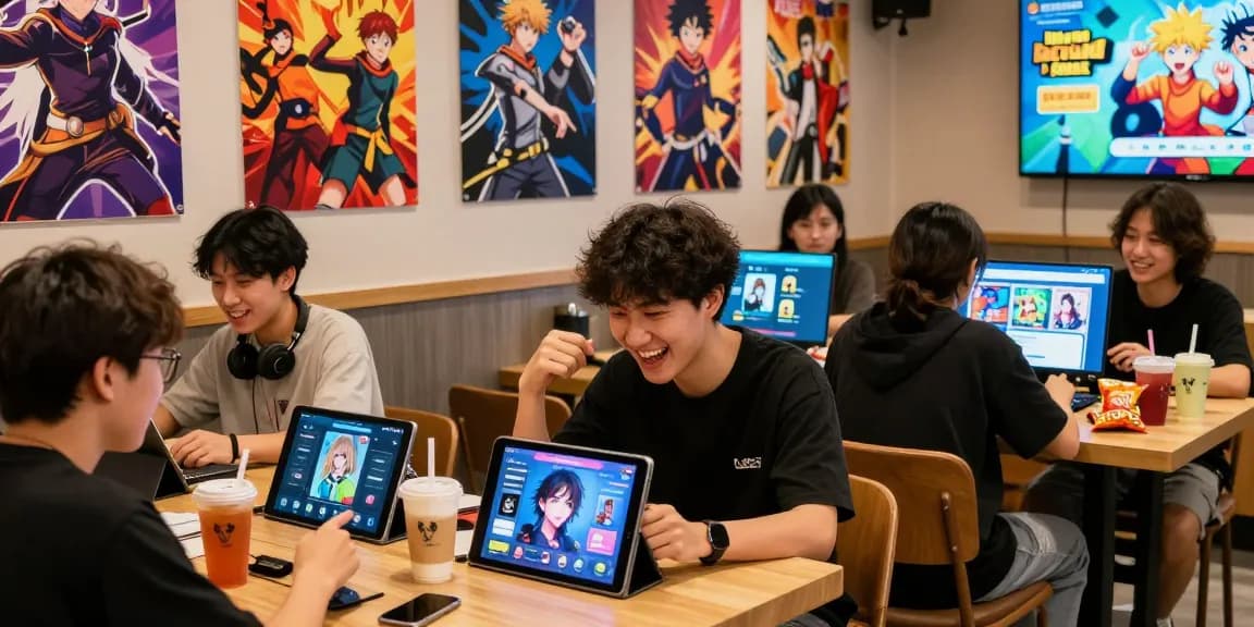 Players enjoying the status app in a vibrant café, engaging with AI characters and creating personas.