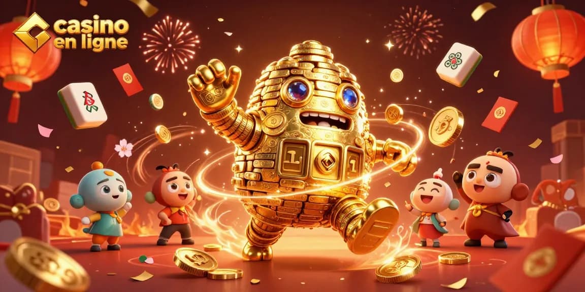 Jouez à des jeux captivants de casino en ligne avec un golem doré et des éléments festifs.