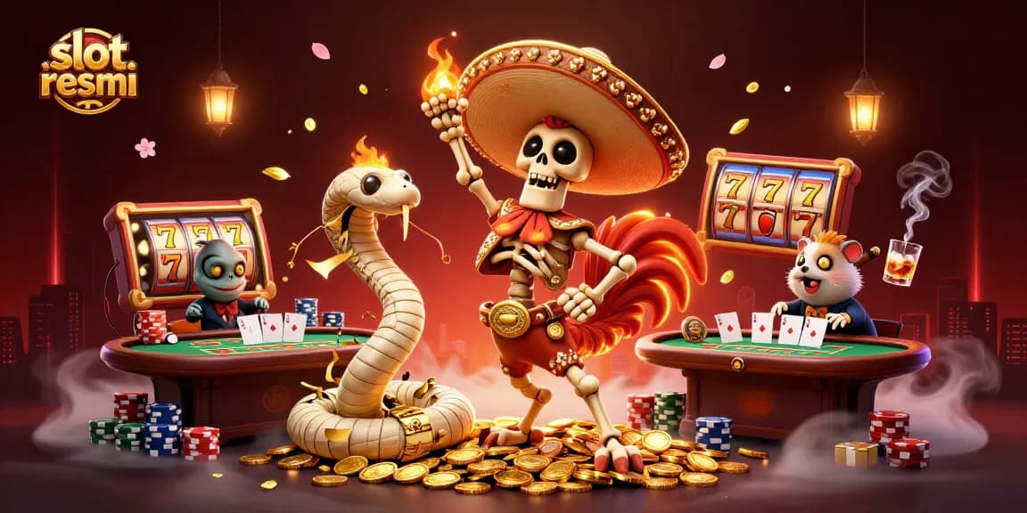 Permainan di slot resmi dengan karakter kartun, seperti ayam mariachi, ular mumi, dan hamster DJ yang meriah.