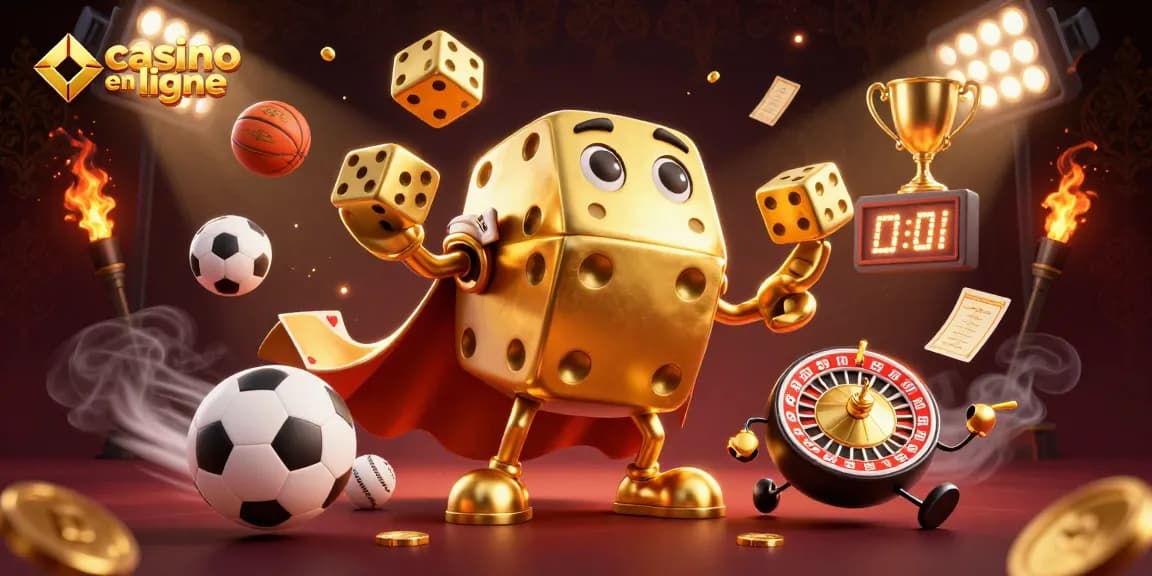 Jouer à casino en ligne avec des dés dorés et des ballons de sport dynamiques.