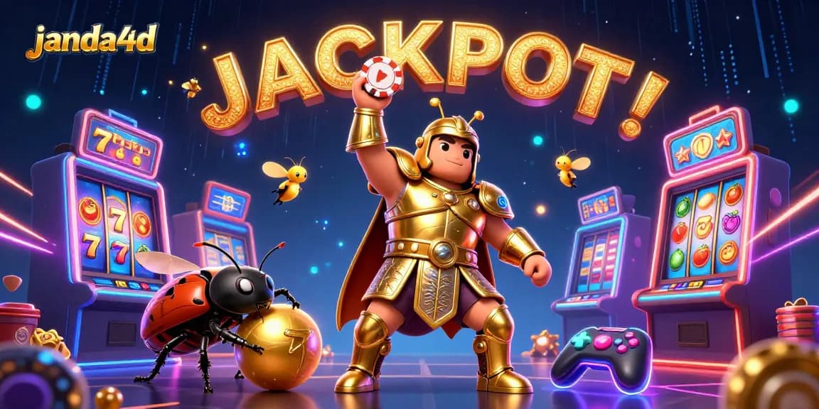 janda4d menampilkan kemenangan kasino dengan simbol buah dan jackpot di slot 3D yang cerah