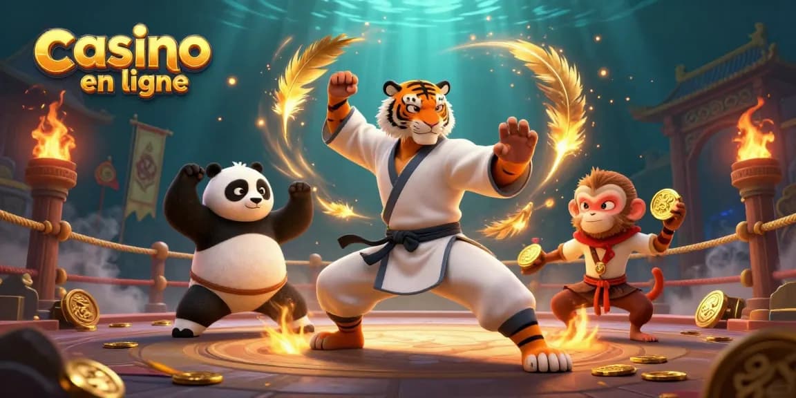 Illustration dynamique casino en ligne avec des personnages de kung fu et des éléments de jeu