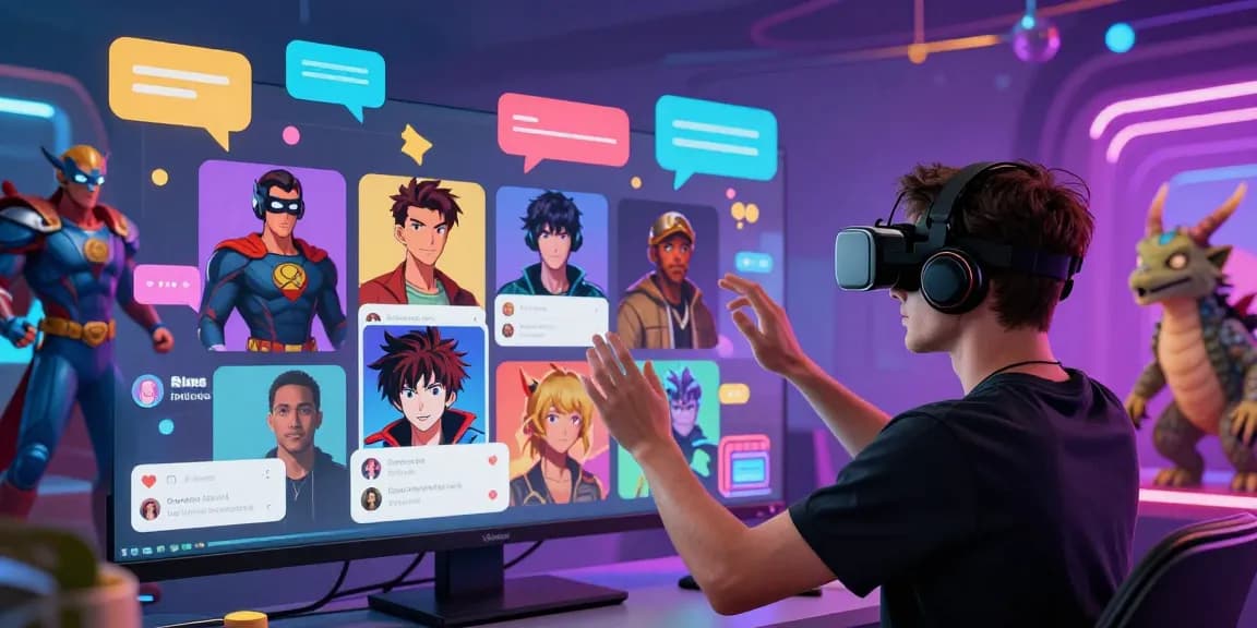 Engaging user interacting with vibrant avatars in the Status app's virtual world.