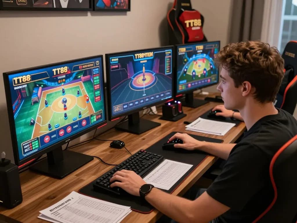 Engaging scene of a player immersed in TT88 trang chủ online gambling action, showcasing diverse gameplay.