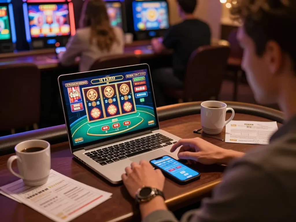 Berpartisipasi dalam permainan kasino online sambil menjelajahi opsi link slot di laptop di rumah.