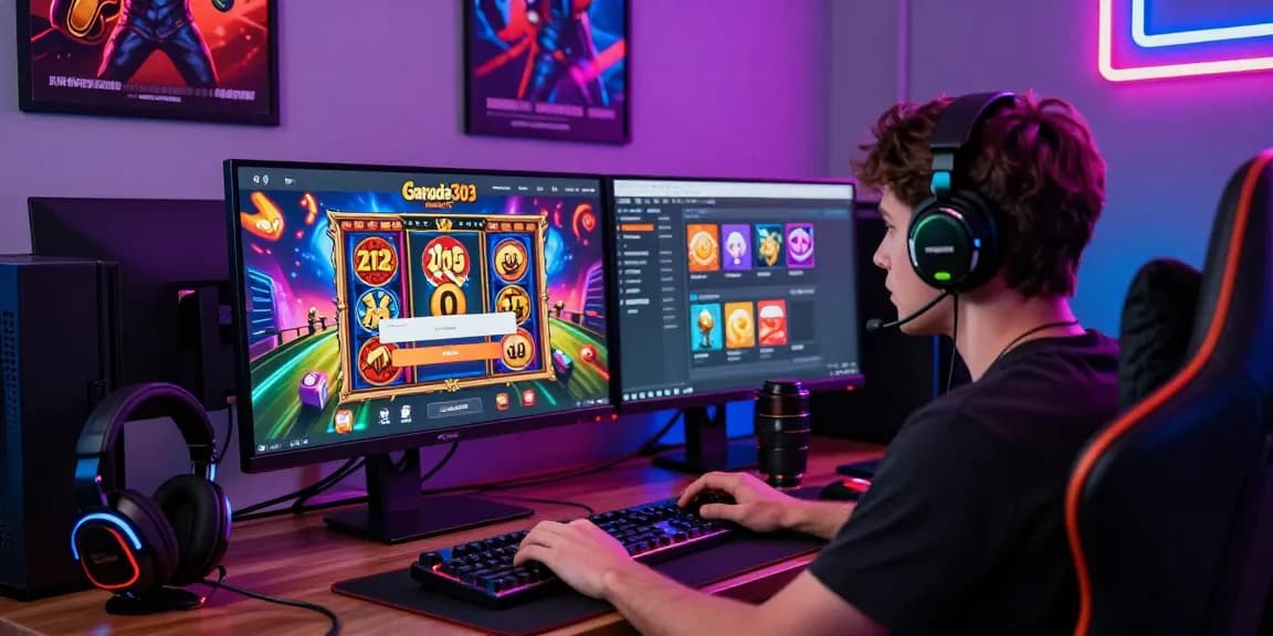 User engaged in the garuda303 login process at a vibrant gaming setup, showcasing slot games on screen with colorful graphics.