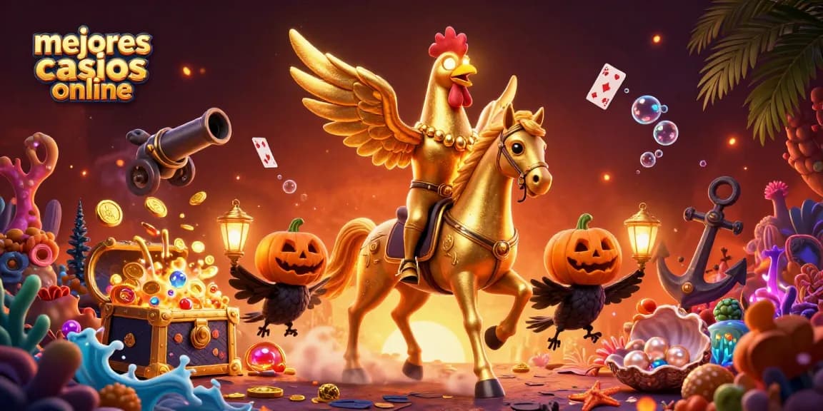 Visualiza los mejores casinos online con la ilustración de un gallo dorado en un casino vibrante.