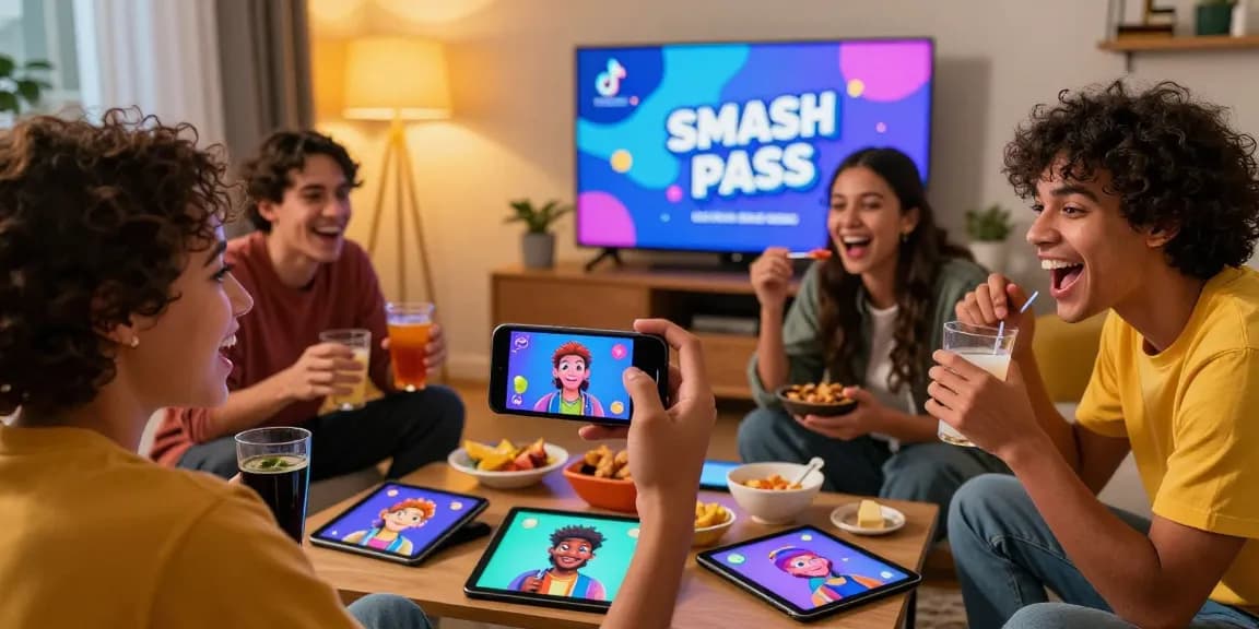 Group enjoying the Smash or Pass AI game on a smartphone in a cozy living room.