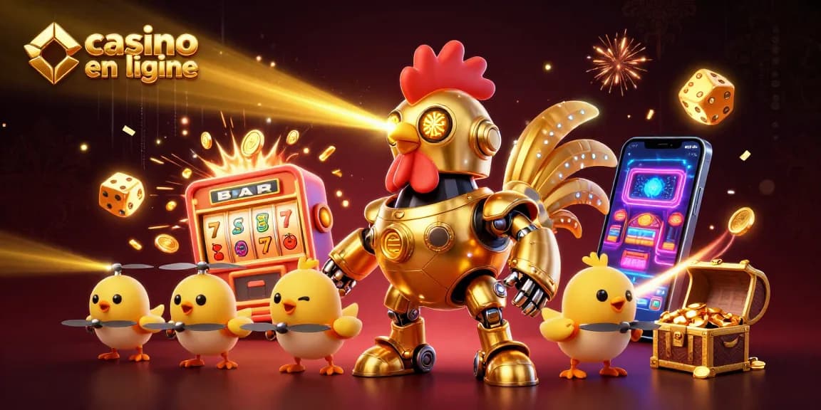 Jouez à des jeux de casino en ligne avec un robot coq doré et des drones en arrière-plan.