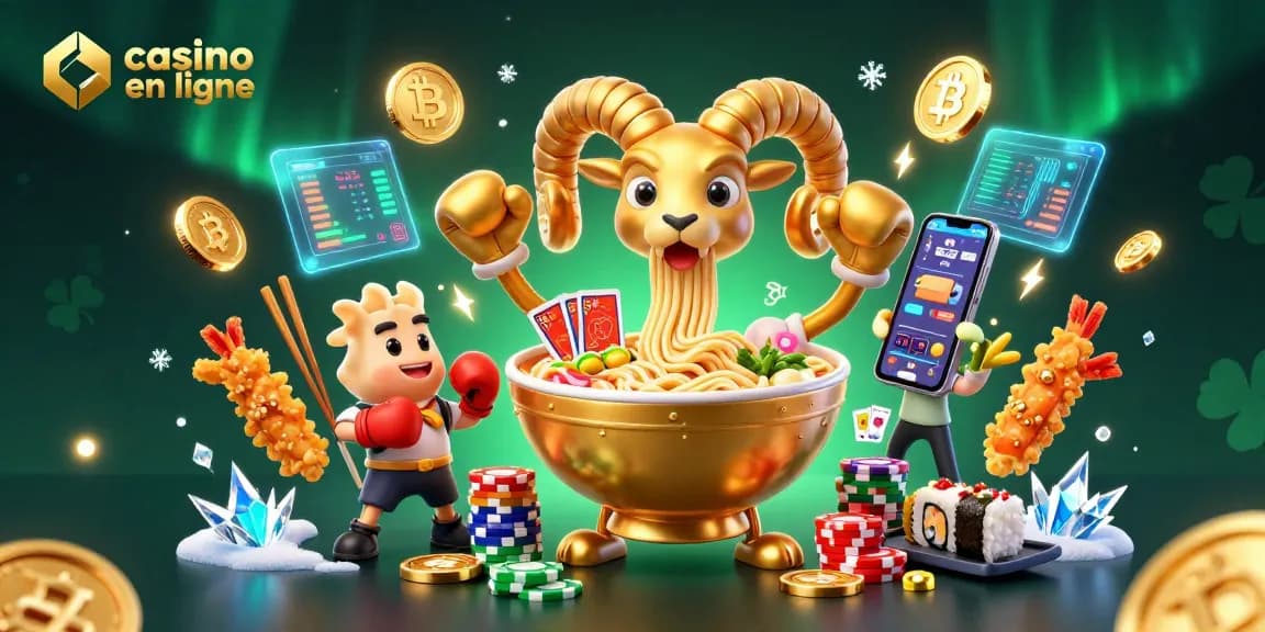 Casino en ligne : illustration d'un ramen et des éléments de jeu animés dans un environnement lumineux.